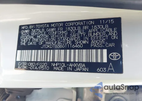 2016 Toyota Prius C Two z USA, uszkodzony, nr VIN JTDKDTB36G1116460